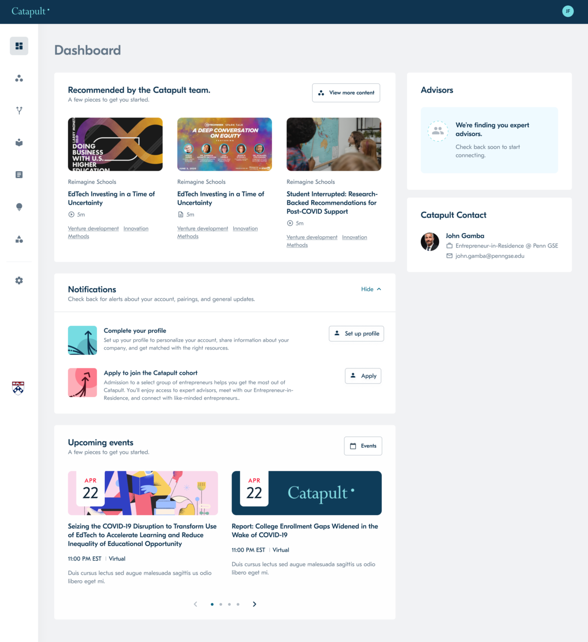 Catapult dashboard with content