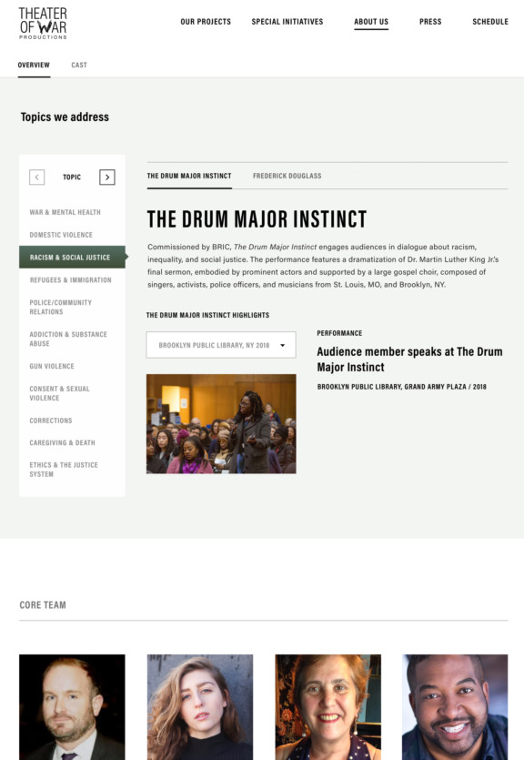 Theater of War Website Design showing interactive topics tool
