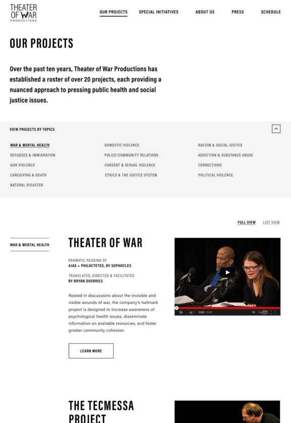 Theater Of War Website Design showing the "our projects" page